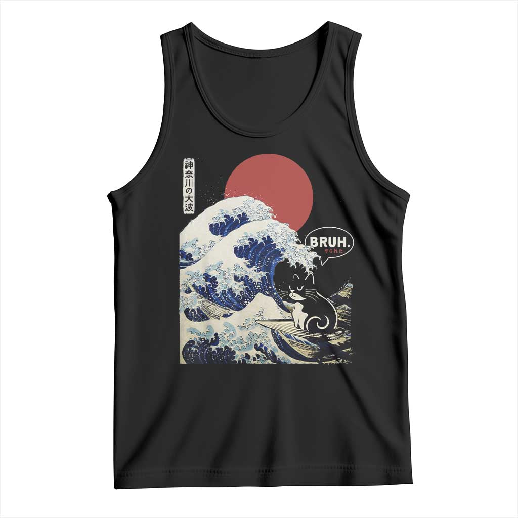 Japanese Kawaii Anime Cat Tank Top Funny Surfing Cat Bruh Retro The Great Wave Kanagawa TS10 Black Print Your Wear