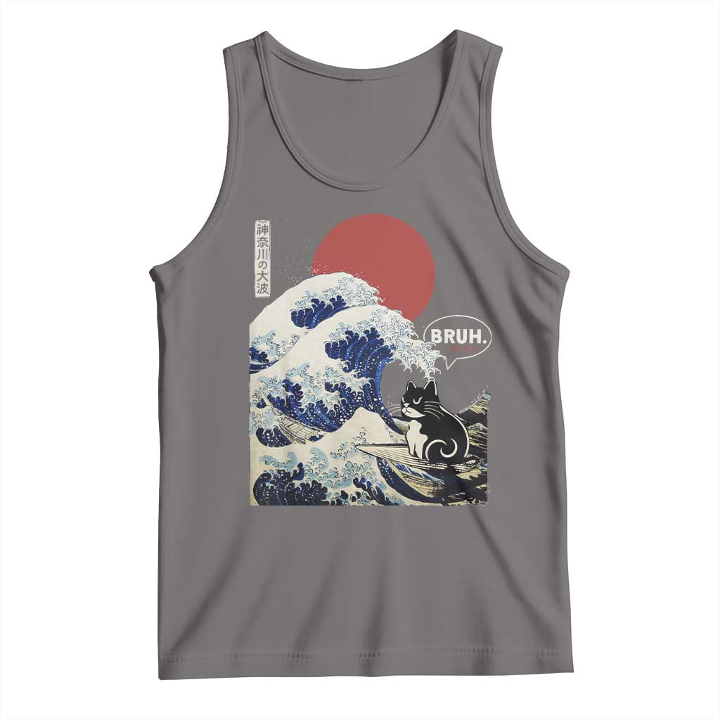 Japanese Kawaii Anime Cat Tank Top Funny Surfing Cat Bruh Retro The Great Wave Kanagawa TS10 Deep Heather Print Your Wear