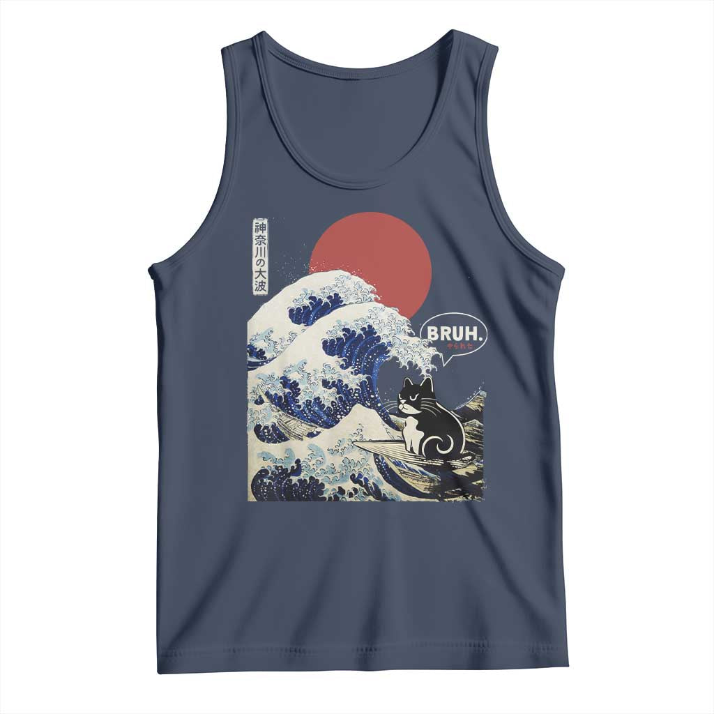 Japanese Kawaii Anime Cat Tank Top Funny Surfing Cat Bruh Retro The Great Wave Kanagawa TS10 Navy Print Your Wear