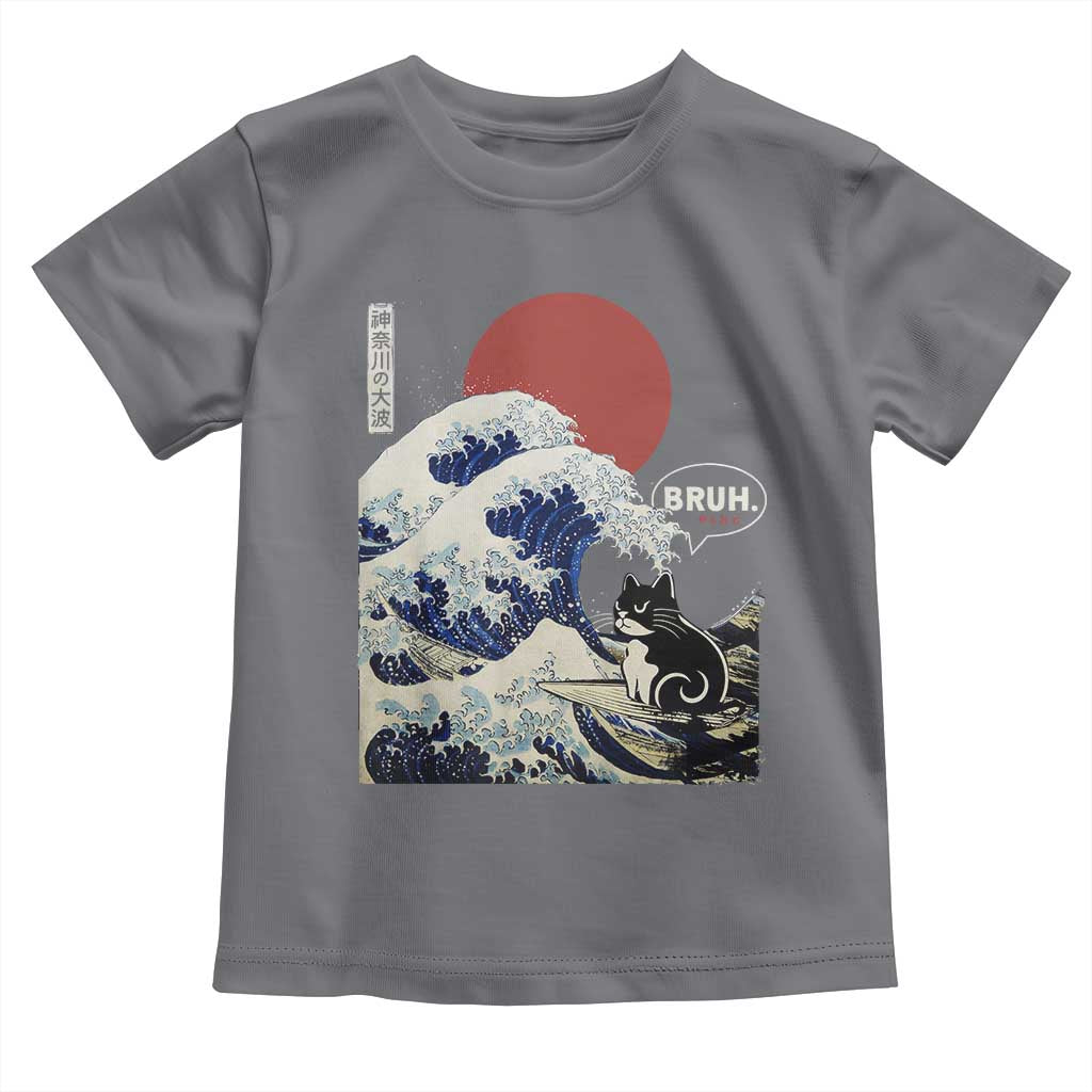 Japanese Kawaii Anime Cat Toddler T Shirt Funny Surfing Cat Bruh Retro The Great Wave Kanagawa TS10 Charcoal Print Your Wear