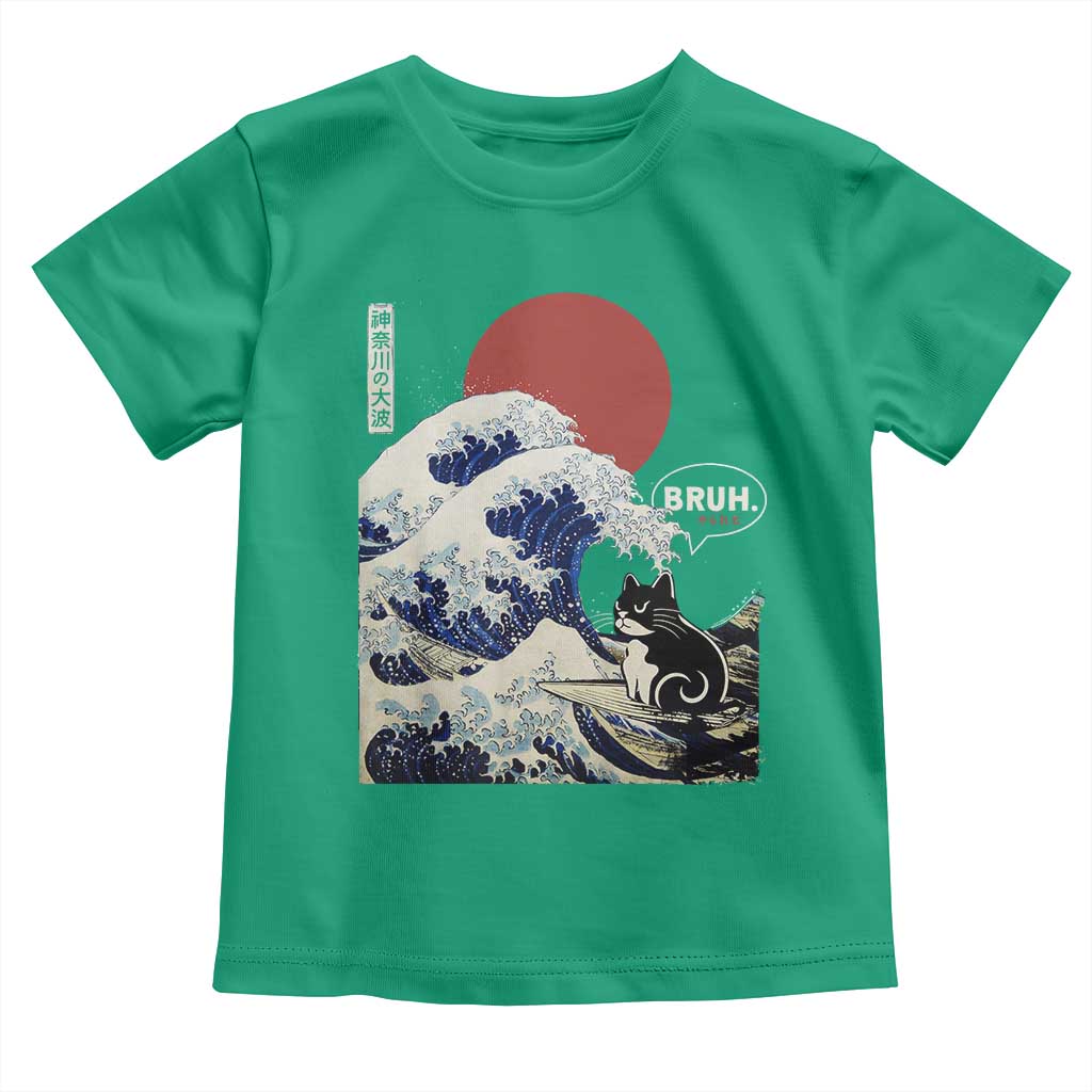 Japanese Kawaii Anime Cat Toddler T Shirt Funny Surfing Cat Bruh Retro The Great Wave Kanagawa TS10 Irish Green Print Your Wear