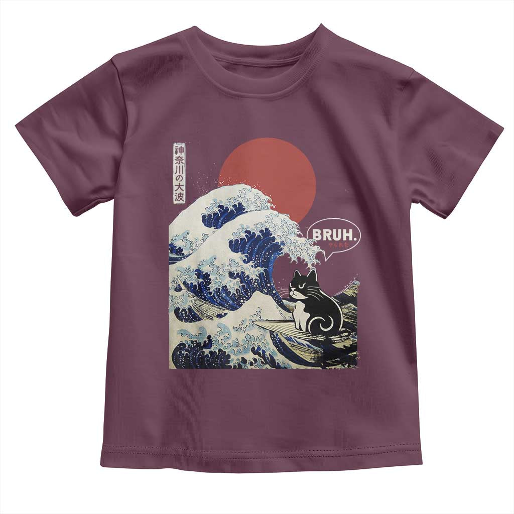 Japanese Kawaii Anime Cat Toddler T Shirt Funny Surfing Cat Bruh Retro The Great Wave Kanagawa TS10 Maroon Print Your Wear