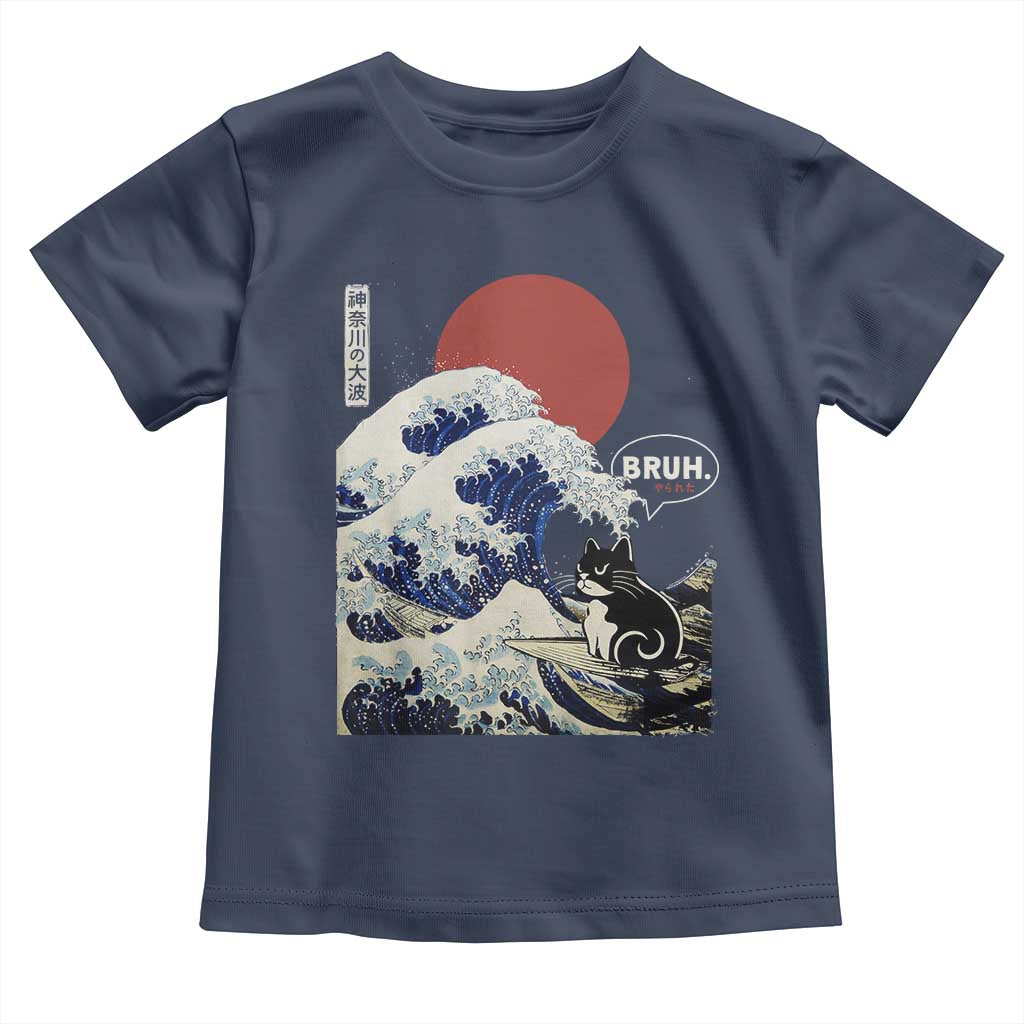 Japanese Kawaii Anime Cat Toddler T Shirt Funny Surfing Cat Bruh Retro The Great Wave Kanagawa TS10 Navy Print Your Wear