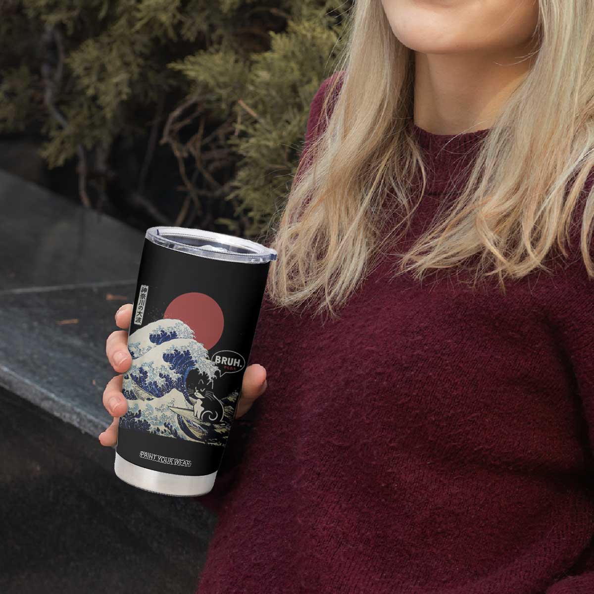 Japanese Kawaii Anime Cat Tumbler Cup Funny Surfing Cat Bruh Retro The Great Wave Kanagawa TS10 Print Your Wear