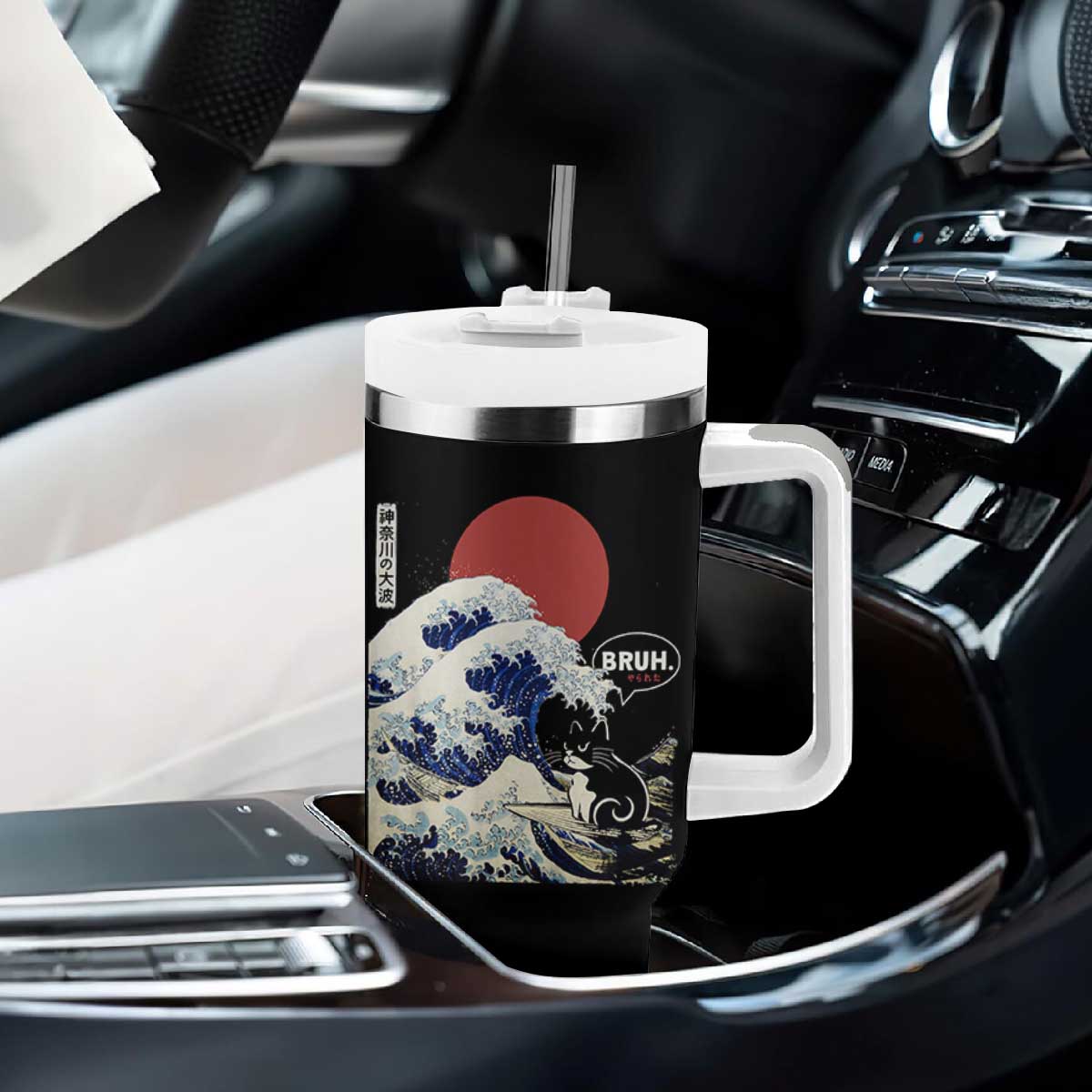 Japanese Kawaii Anime Cat Tumbler With Handle Funny Surfing Cat Bruh Retro The Great Wave Kanagawa TS10 Print Your Wear