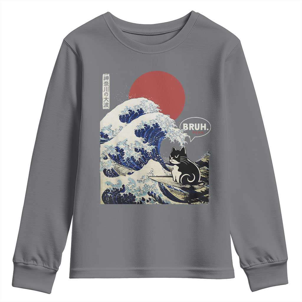 Japanese Kawaii Anime Cat Youth Sweatshirt Funny Surfing Cat Bruh Retro The Great Wave Kanagawa TS10 Charcoal Print Your Wear