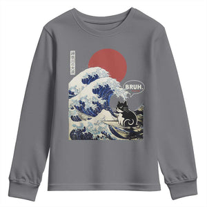Japanese Kawaii Anime Cat Youth Sweatshirt Funny Surfing Cat Bruh Retro The Great Wave Kanagawa TS10 Charcoal Print Your Wear