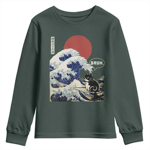 Japanese Kawaii Anime Cat Youth Sweatshirt Funny Surfing Cat Bruh Retro The Great Wave Kanagawa TS10 Dark Forest Green Print Your Wear