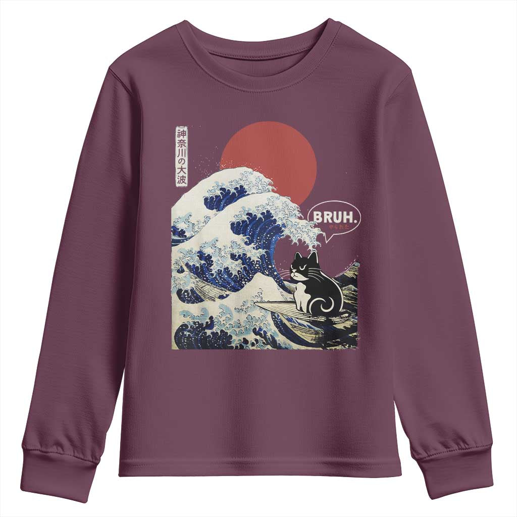 Japanese Kawaii Anime Cat Youth Sweatshirt Funny Surfing Cat Bruh Retro The Great Wave Kanagawa TS10 Maroon Print Your Wear