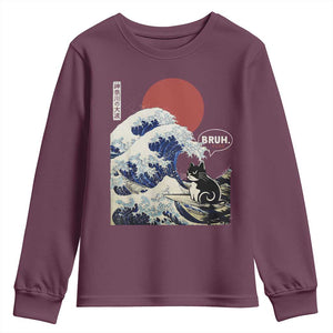 Japanese Kawaii Anime Cat Youth Sweatshirt Funny Surfing Cat Bruh Retro The Great Wave Kanagawa TS10 Maroon Print Your Wear