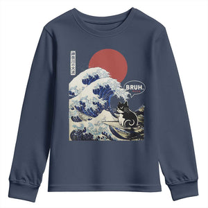 Japanese Kawaii Anime Cat Youth Sweatshirt Funny Surfing Cat Bruh Retro The Great Wave Kanagawa TS10 Navy Print Your Wear