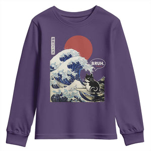 Japanese Kawaii Anime Cat Youth Sweatshirt Funny Surfing Cat Bruh Retro The Great Wave Kanagawa TS10 Purple Print Your Wear