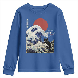 Japanese Kawaii Anime Cat Youth Sweatshirt Funny Surfing Cat Bruh Retro The Great Wave Kanagawa TS10 Royal Blue Print Your Wear