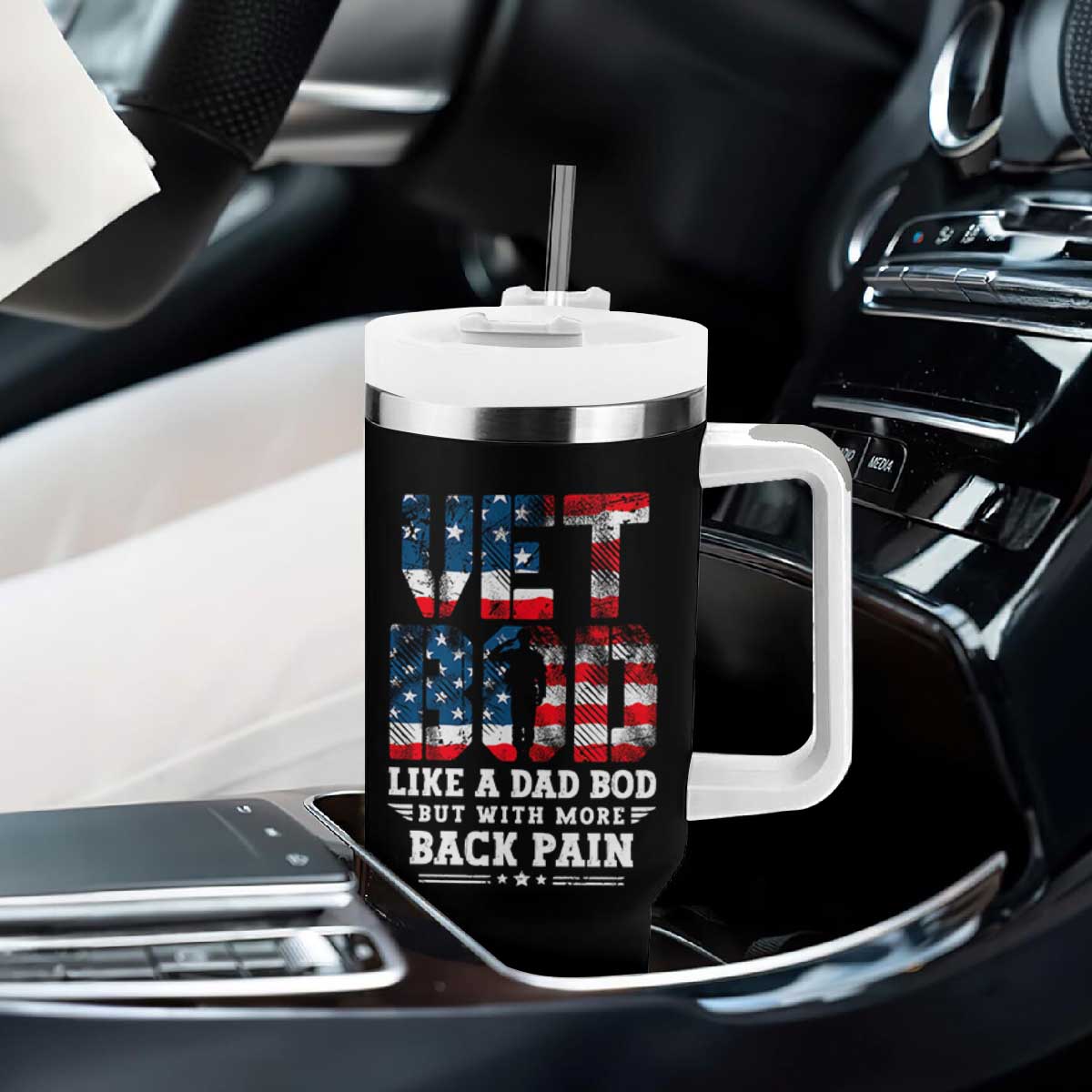 Vet Bod Tumbler With Handle Funny Military Veteran Dad Bod American Flag TS10 Print Your Wear