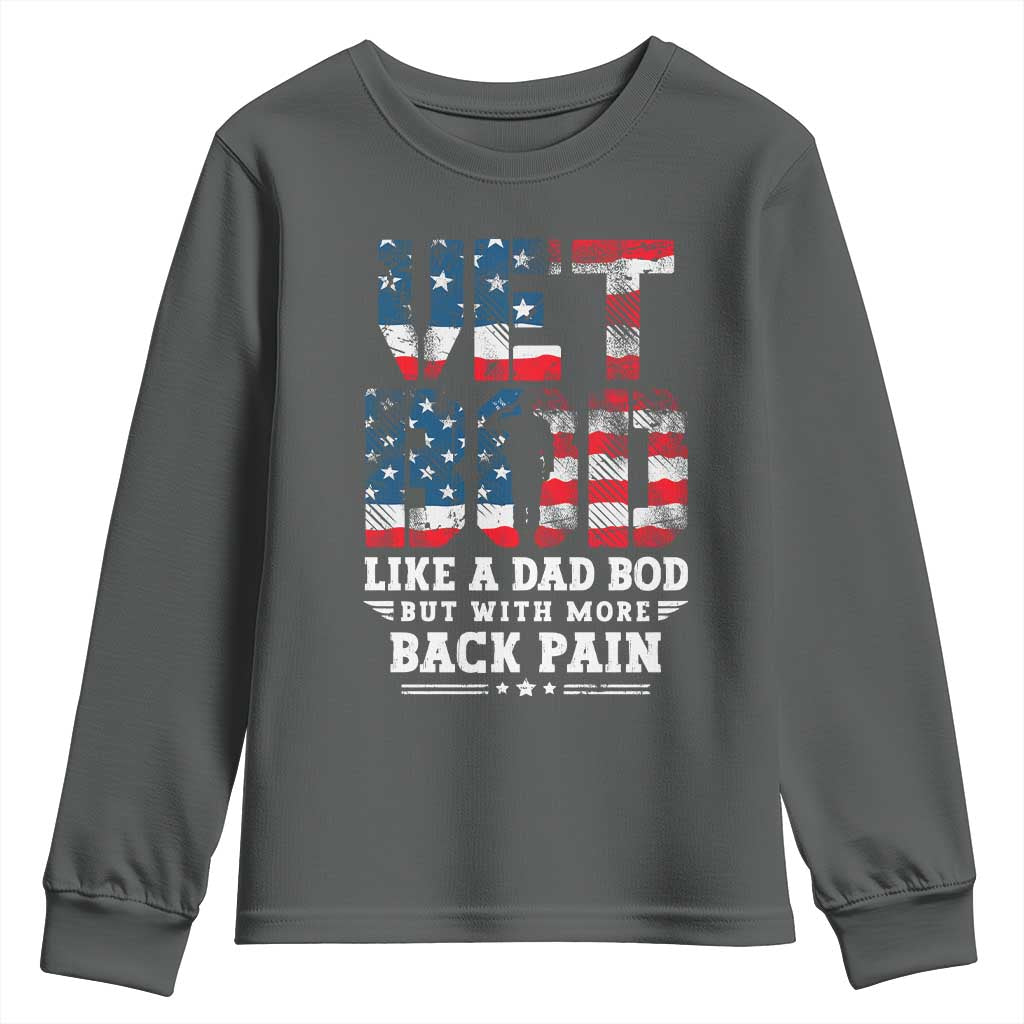 Vet Bod Youth Sweatshirt Funny Military Veteran Dad Bod American Flag TS10 Dark Heather Print Your Wear