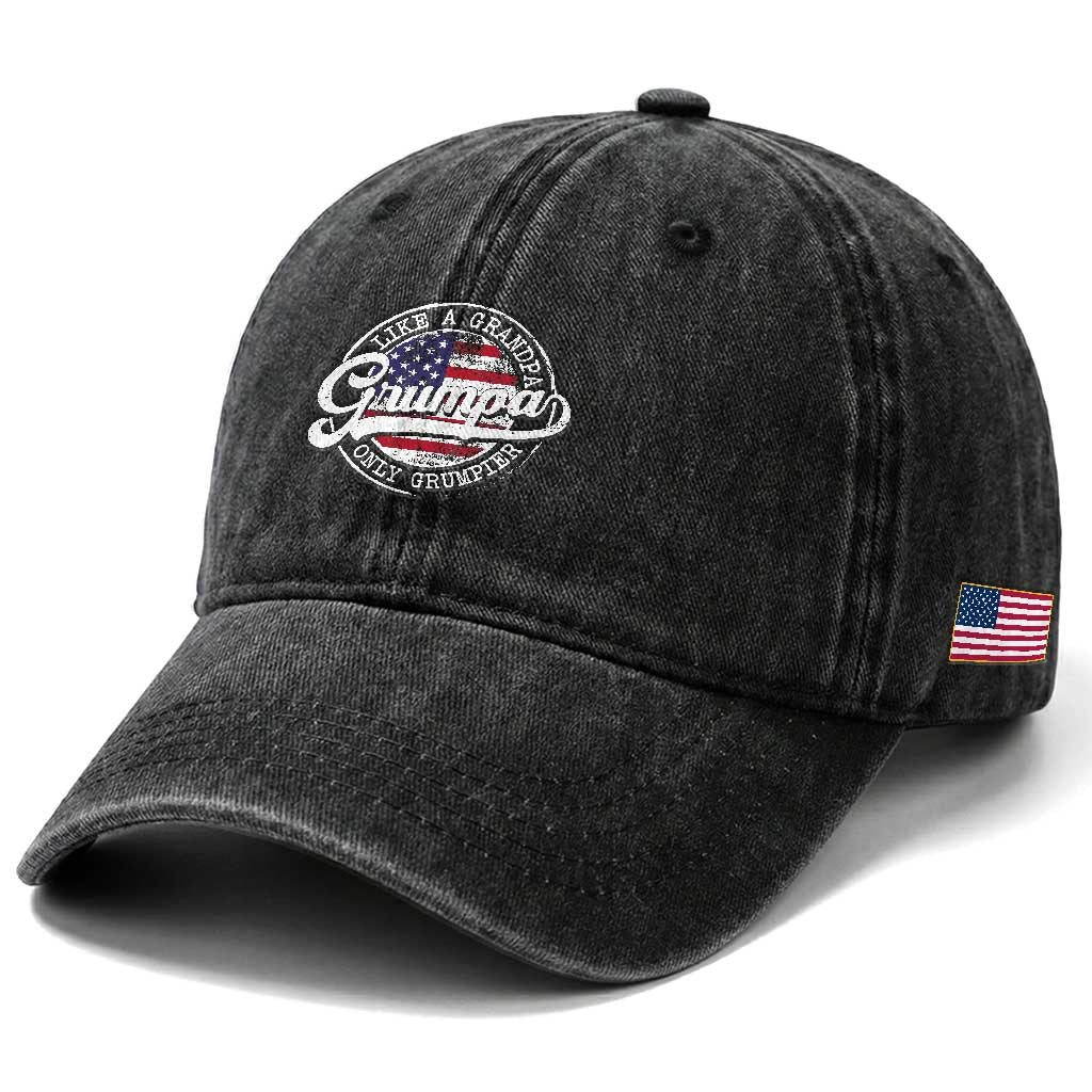 Grumpa Like Regular Grandpa Only Grumpier Washed Cotton Baseball Cap Funny Grandfather Grandpa American Flag TS10 Print Your Wear