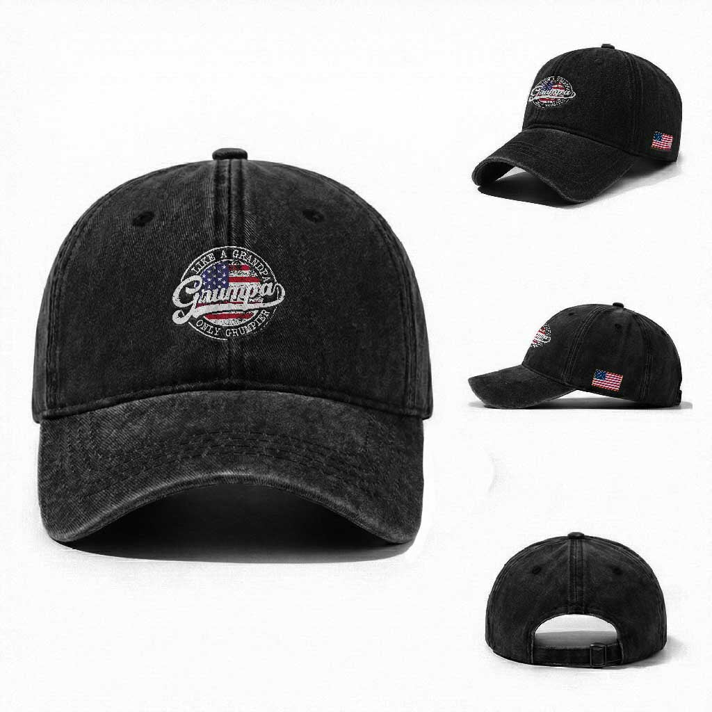 Grumpa Like Regular Grandpa Only Grumpier Washed Cotton Baseball Cap Funny Grandfather Grandpa American Flag TS10 Washed Cap Universal Fit Black Print Your Wear