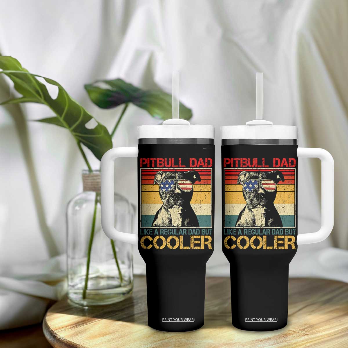 Vintage Pitbull Dad Tumbler With Handle Like A Regular Dad But Cooler TS10 Print Your Wear