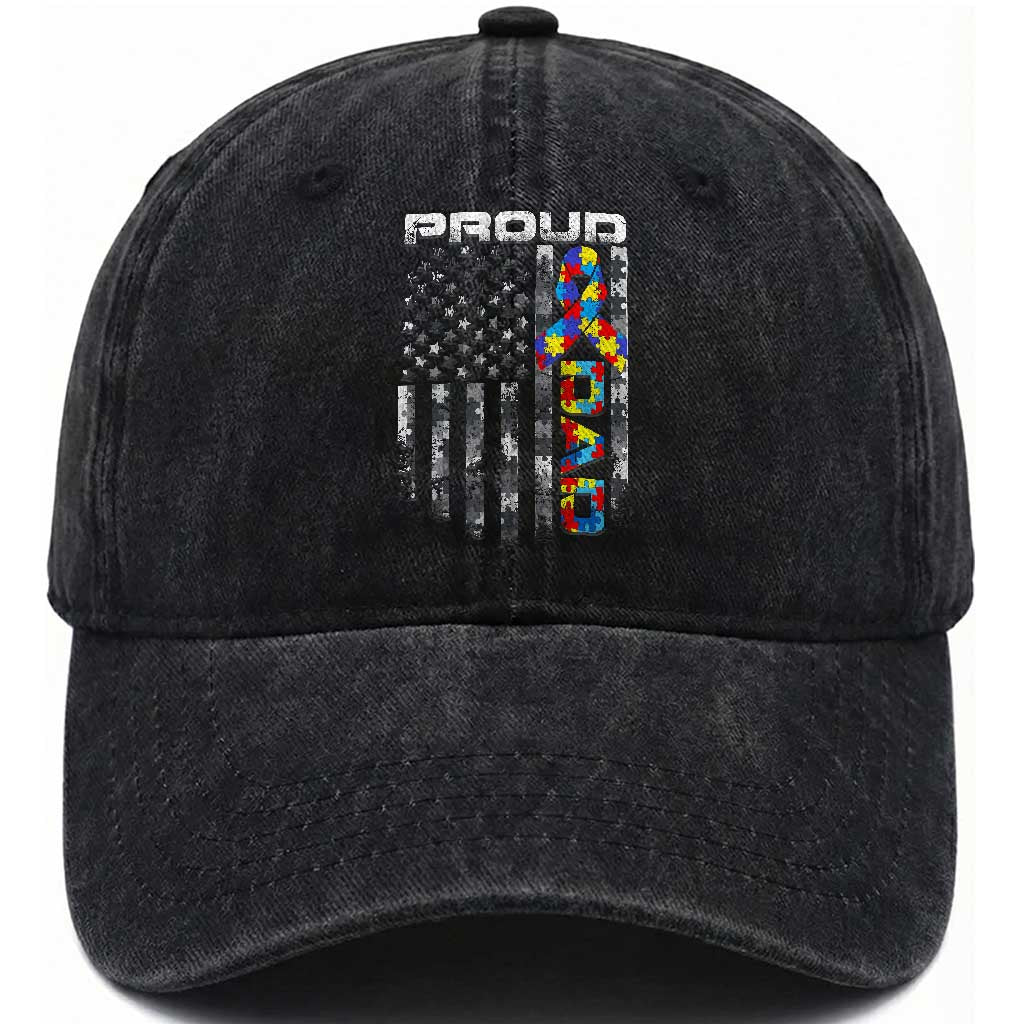 Vintage Proud Autism Dad Washed Cotton Baseball Cap USA American Flag Father Day