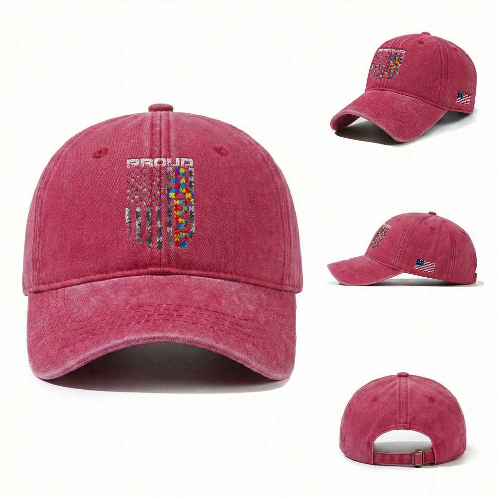 Vintage Proud Autism Dad Washed Cotton Baseball Cap USA American Flag Father Day