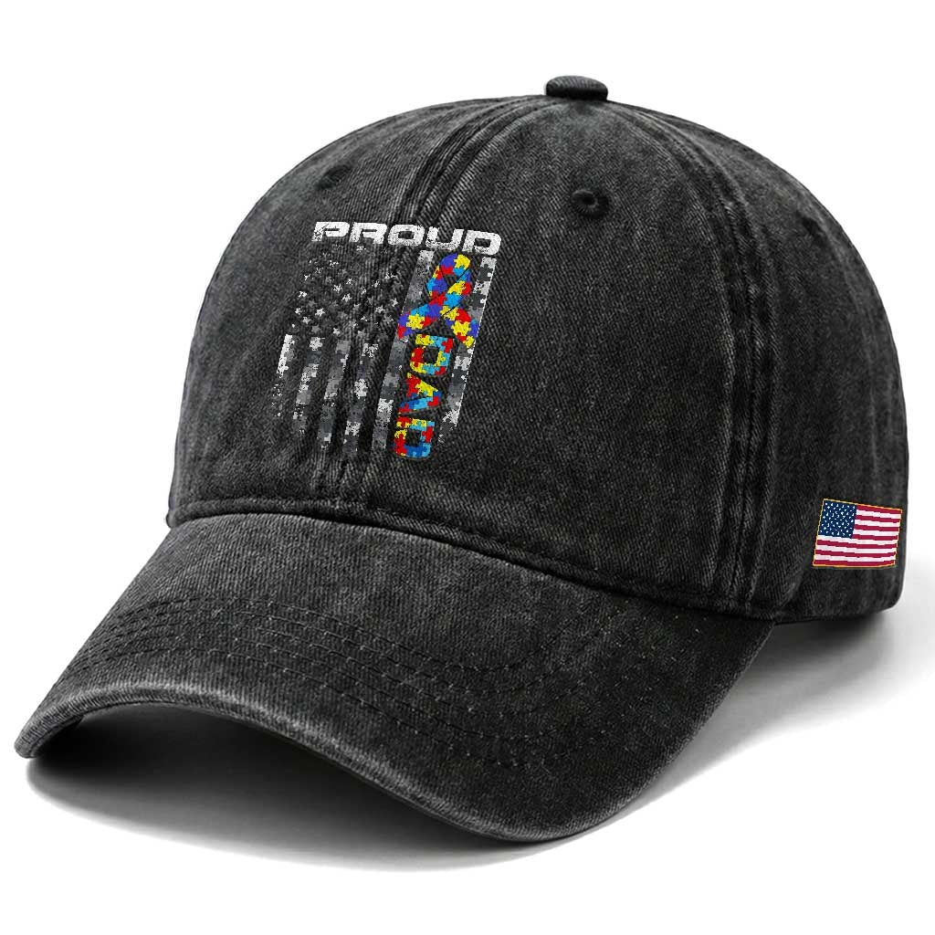 Vintage Proud Autism Dad Washed Cotton Baseball Cap USA American Flag Father Day