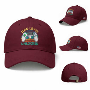 Funny New Dad Baseball Cap Retro Dad Level Unlocked Gaming Gamer TS10 Baseball Cap Universal Fit Maroon Print Your Wear