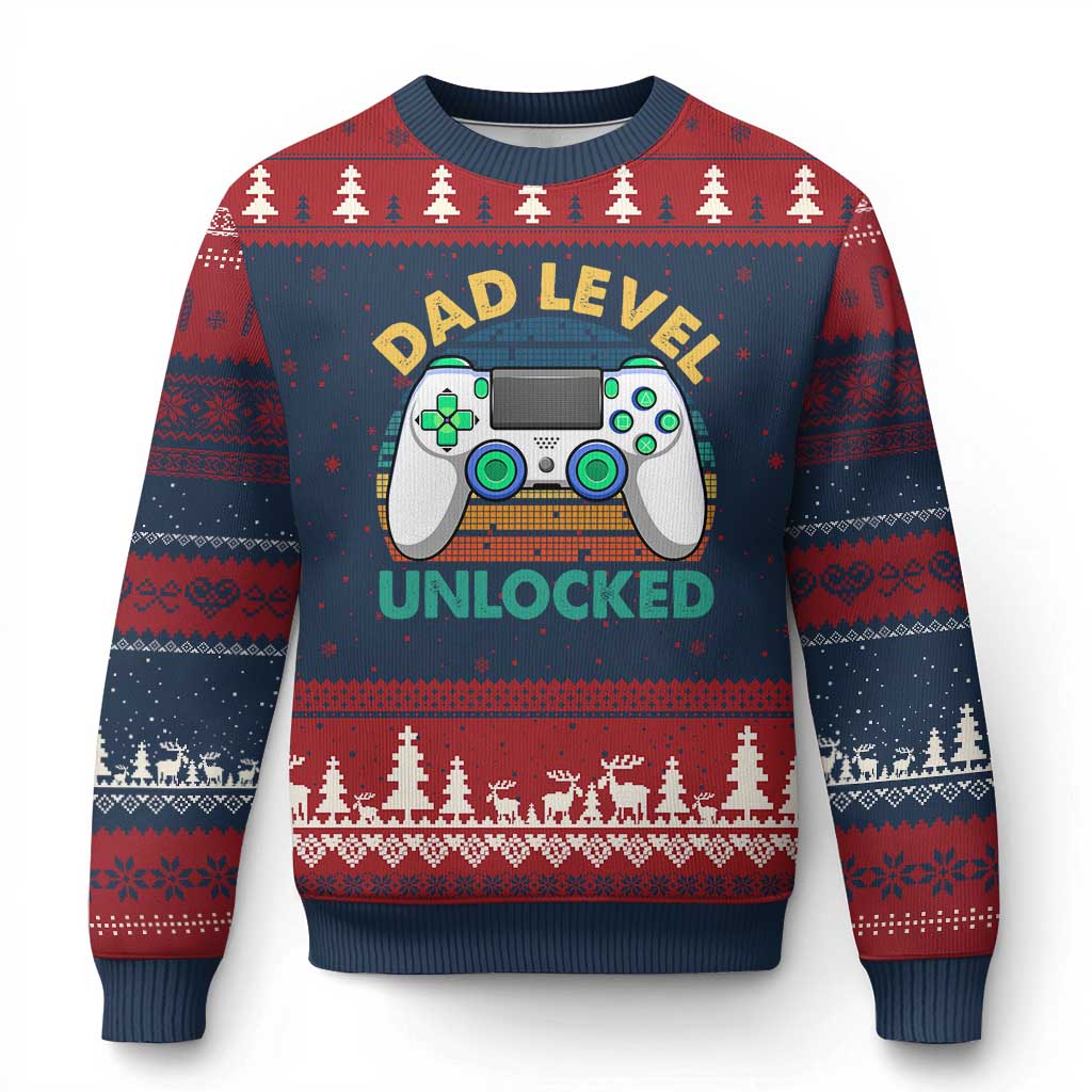 Funny New Dad Ugly Christmas Sweater Retro Dad Level Unlocked Gaming Gamer TS10 Navy Red Print Your Wear