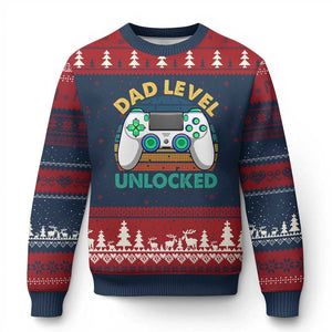 Funny New Dad Ugly Christmas Sweater Retro Dad Level Unlocked Gaming Gamer TS10 Navy Red Print Your Wear
