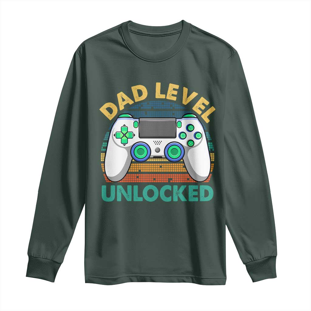 Funny New Dad Long Sleeve Shirt Retro Dad Level Unlocked Gaming Gamer TS10 Dark Forest Green Print Your Wear
