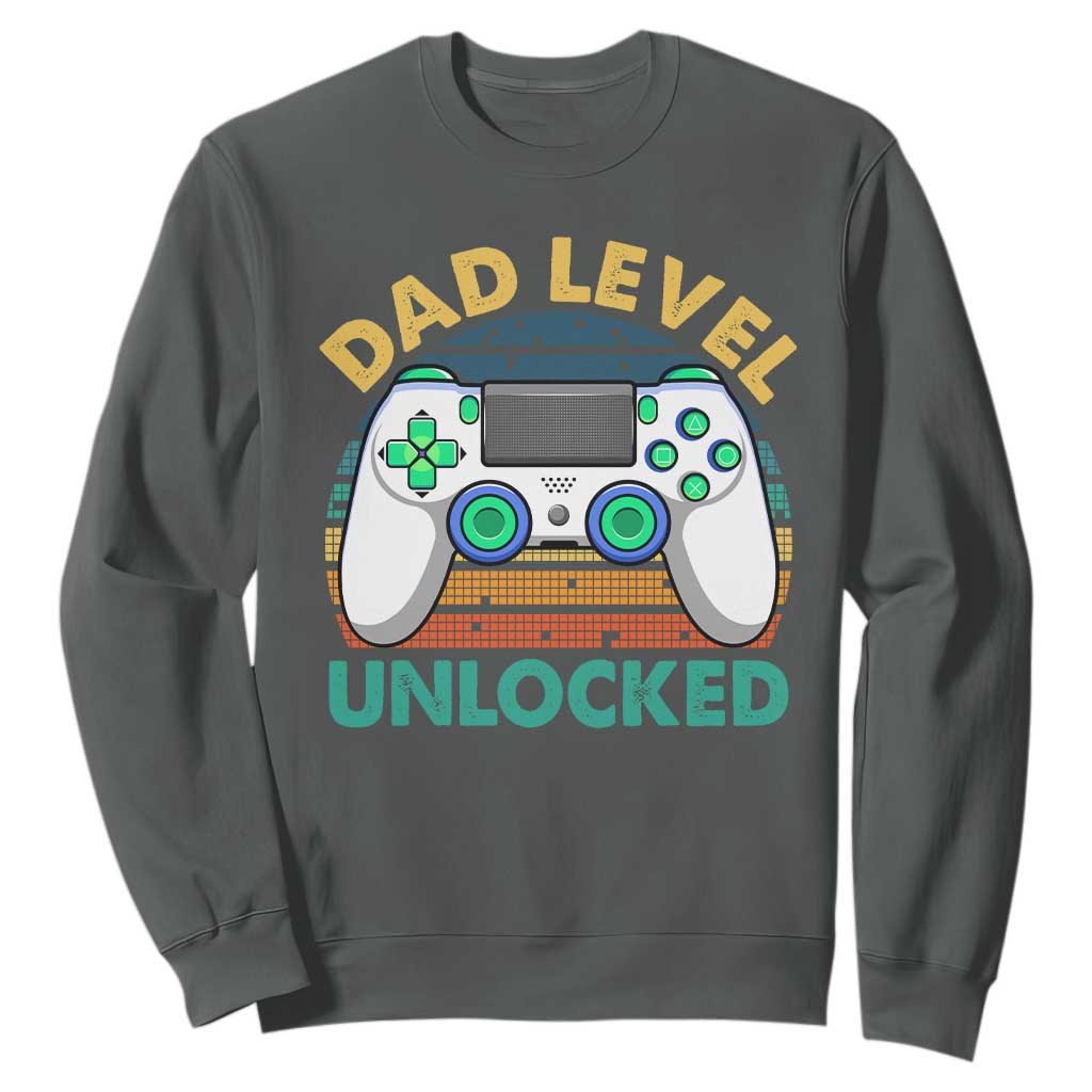 Funny New Dad Sweatshirt Retro Dad Level Unlocked Gaming Gamer TS10 Dark Heather Print Your Wear