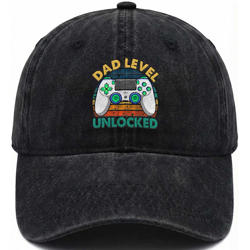 Funny New Dad Washed Cotton Baseball Cap Retro Dad Level Unlocked Gaming Gamer TS10 Print Your Wear