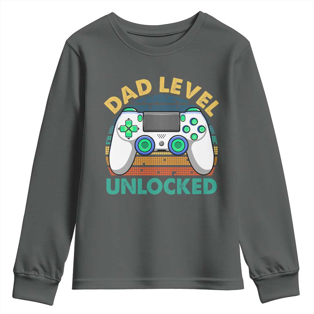 Funny New Dad Youth Sweatshirt Retro Dad Level Unlocked Gaming Gamer TS10 Dark Heather Print Your Wear