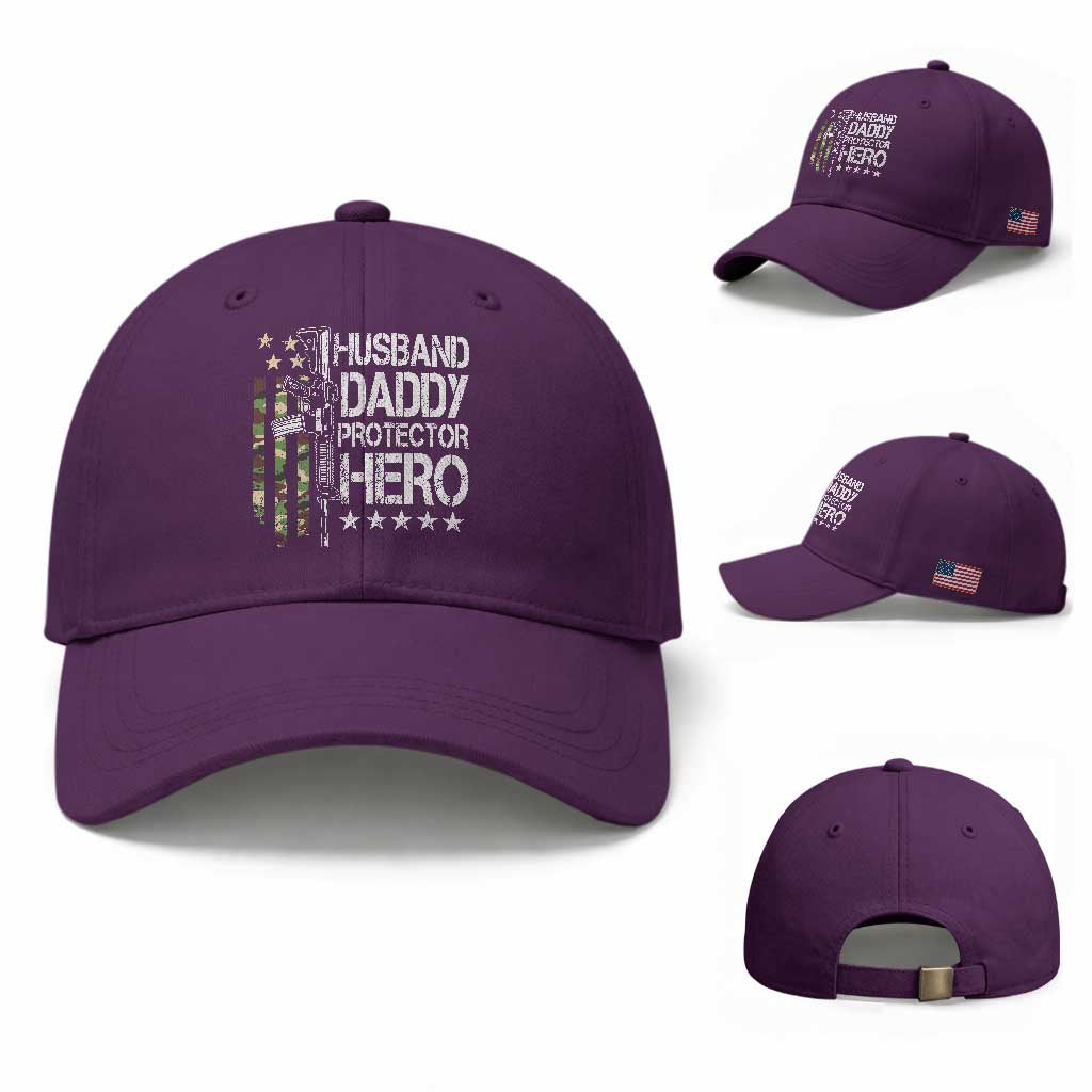 Husband Daddy Protector Hero Baseball Cap Dad Guns Fathers Day Camo American Flag TS10 Baseball Cap Universal Fit Purple Print Your Wear