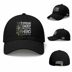 Husband Daddy Protector Hero Baseball Cap Dad Guns Fathers Day Camo American Flag TS10 Baseball Cap Universal Fit Black Print Your Wear