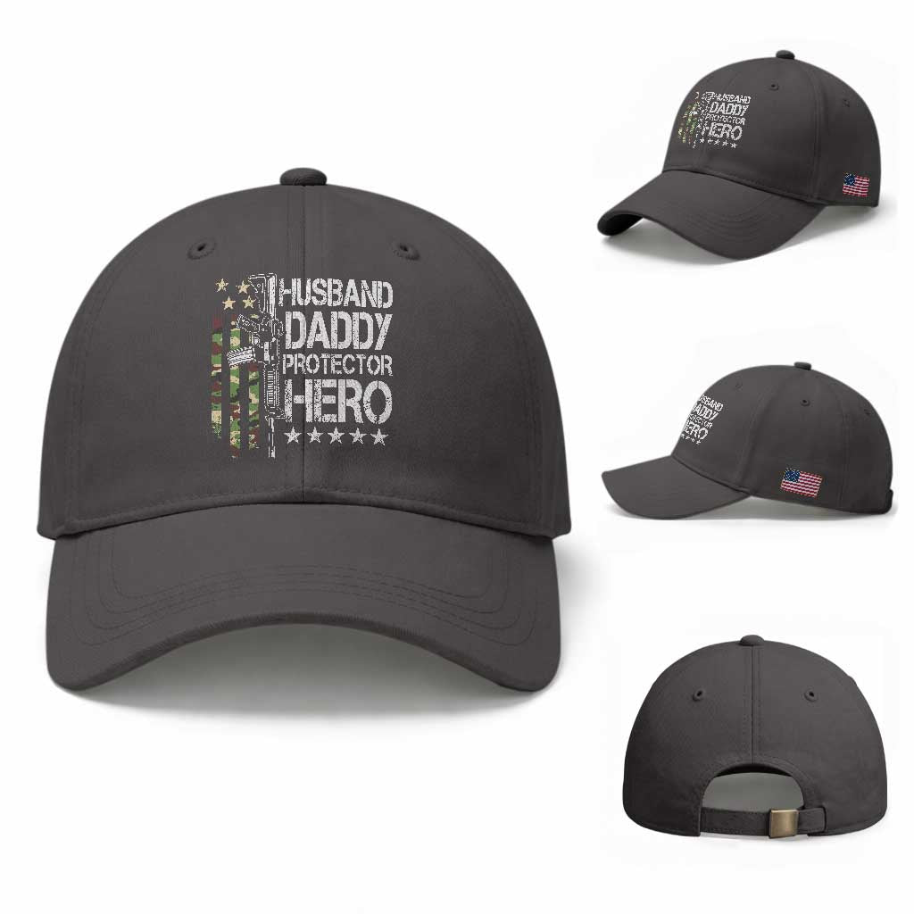Husband Daddy Protector Hero Baseball Cap Dad Guns Fathers Day Camo American Flag TS10 Baseball Cap Universal Fit Dark Gray Print Your Wear