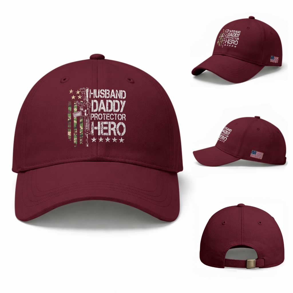 Husband Daddy Protector Hero Baseball Cap Dad Guns Fathers Day Camo American Flag TS10 Baseball Cap Universal Fit Maroon Print Your Wear