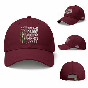 Husband Daddy Protector Hero Baseball Cap Dad Guns Fathers Day Camo American Flag TS10 Baseball Cap Universal Fit Maroon Print Your Wear