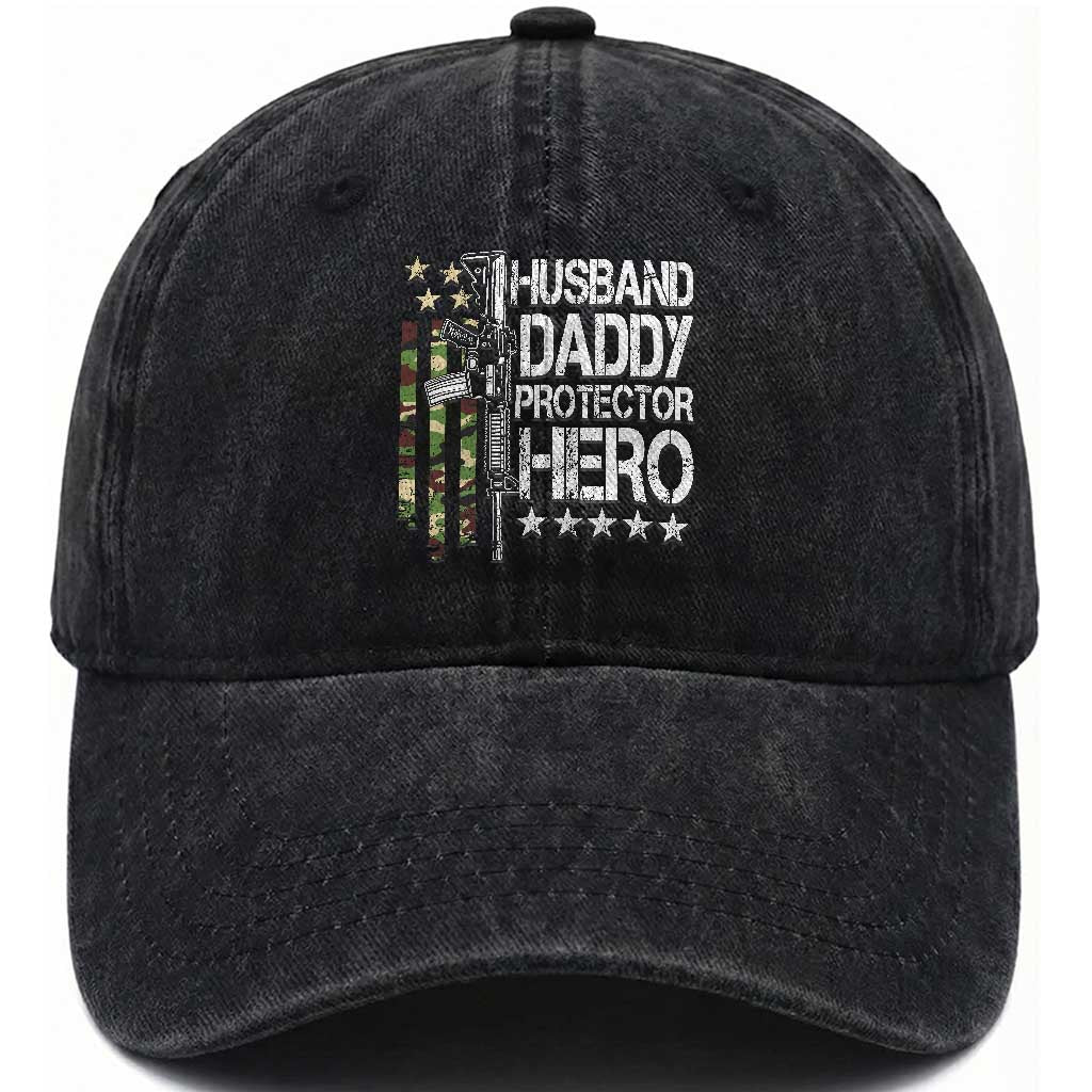 Husband Daddy Protector Hero Washed Cotton Baseball Cap Dad Guns Fathers Day Camo American Flag TS10 Print Your Wear