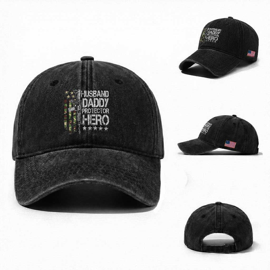 Husband Daddy Protector Hero Washed Cotton Baseball Cap Dad Guns Fathers Day Camo American Flag TS10 Washed Cap Universal Fit Black Print Your Wear