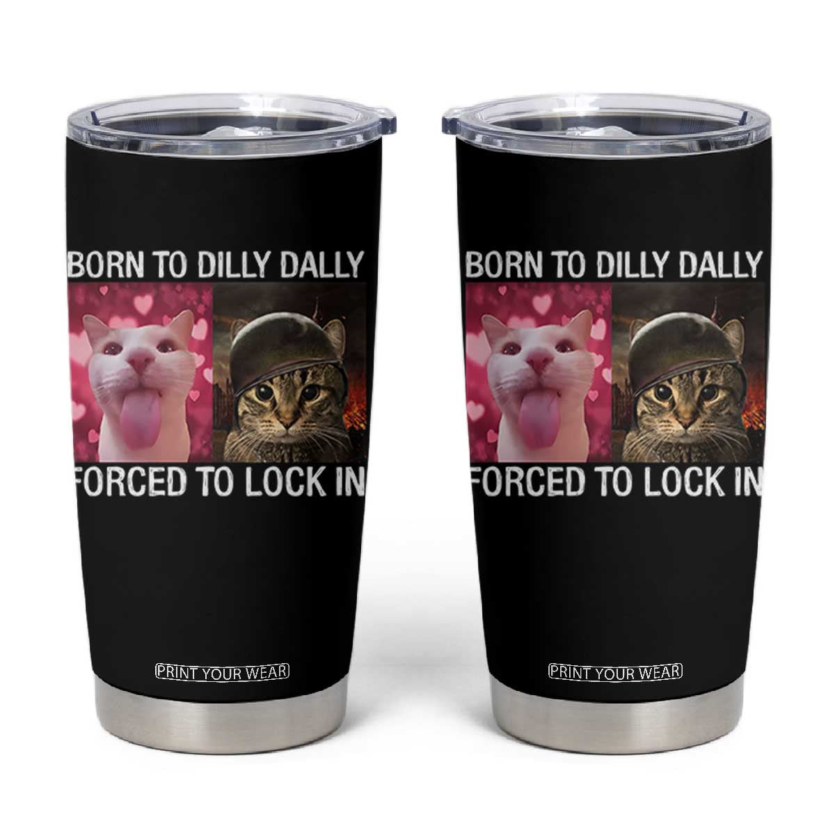 Meme Cat Tumbler Cup Born To Dilly Dally Forced To Lock In Funny Saying Cats TS10 Black Print Your Wear