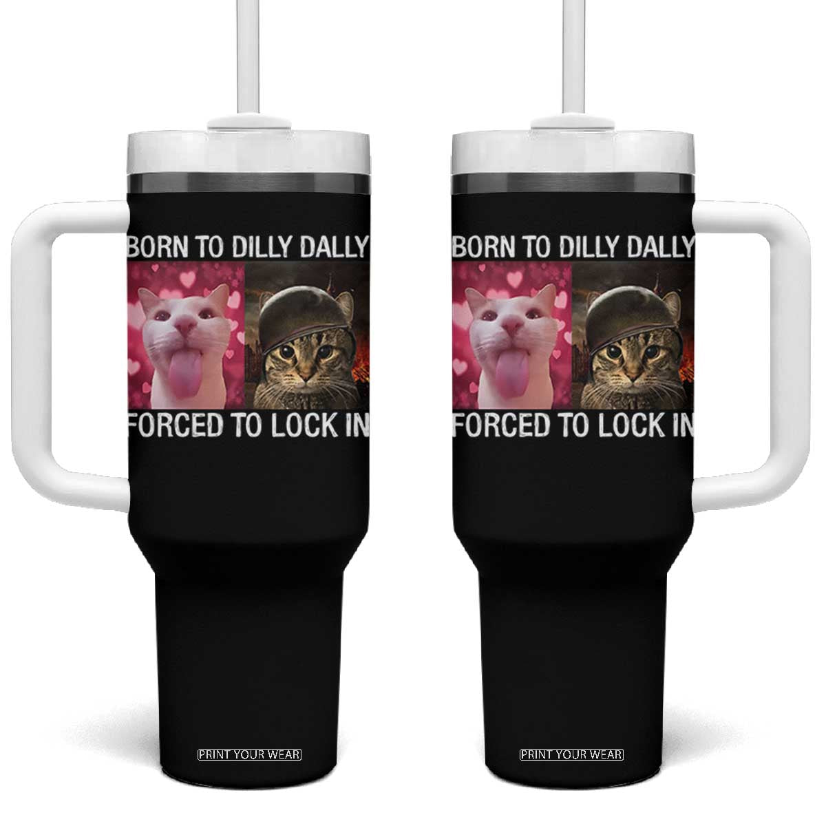 Meme Cat Tumbler With Handle Born To Dilly Dally Forced To Lock In Funny Saying Cats - Print Your Wear