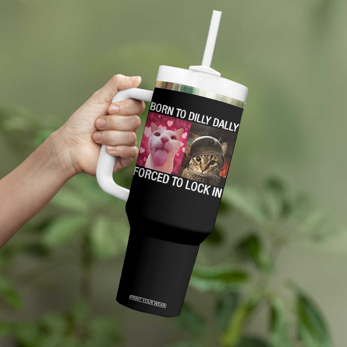 Meme Cat Tumbler With Handle Born To Dilly Dally Forced To Lock In Funny Saying Cats TS10 Print Your Wear