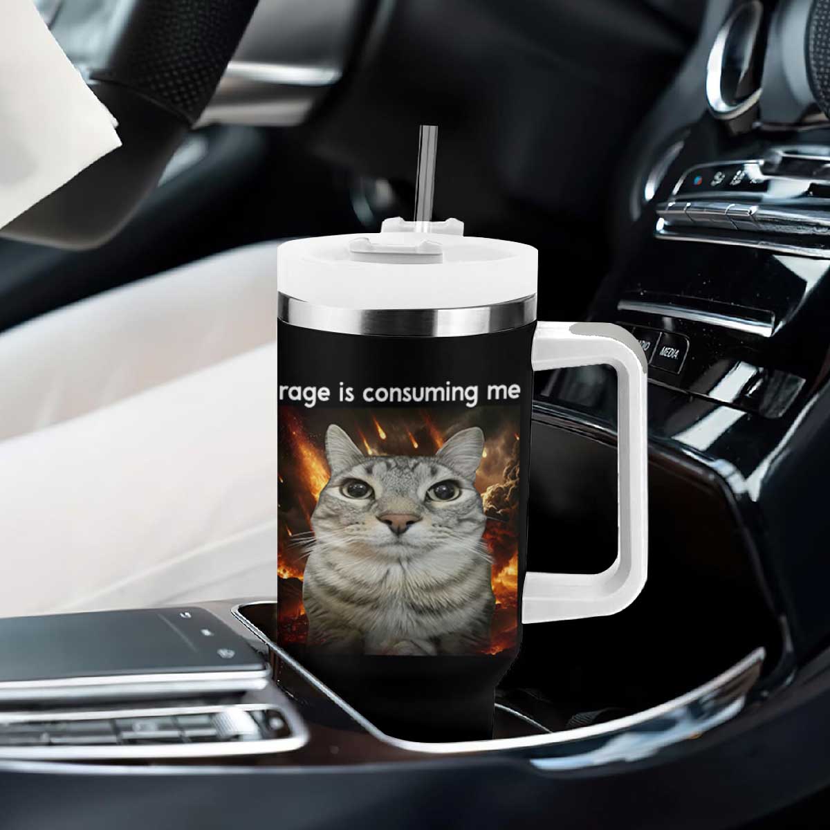 Rage Is Consuming Me Cat Tumbler With Handle Funny Weird Humor Silly Cat Meme TS10 Print Your Wear