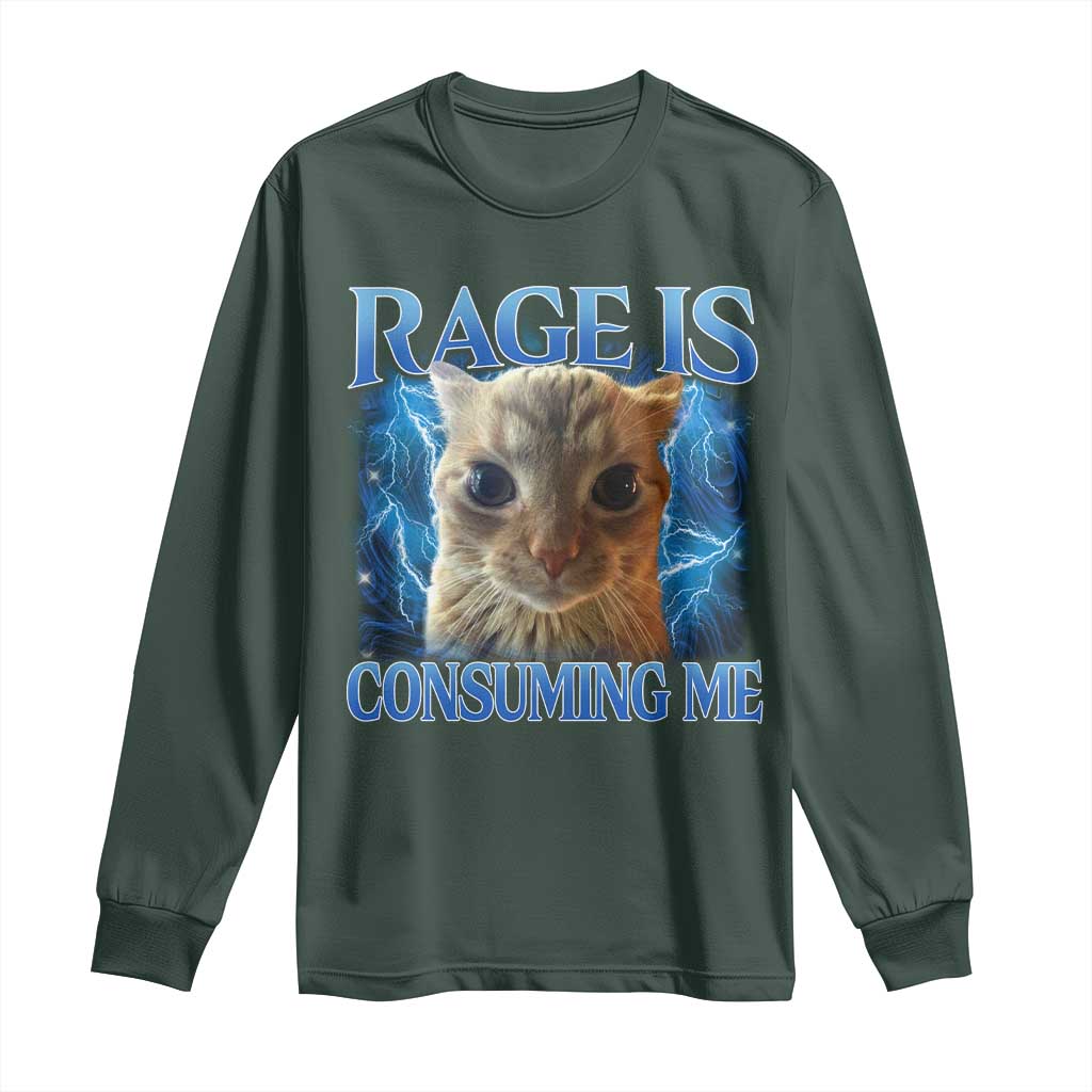 Rage Is Consuming Me Cat Meme Long Sleeve Shirt Funny Weird Humor Cat Face Bootleg TS10 Dark Forest Green Print Your Wear