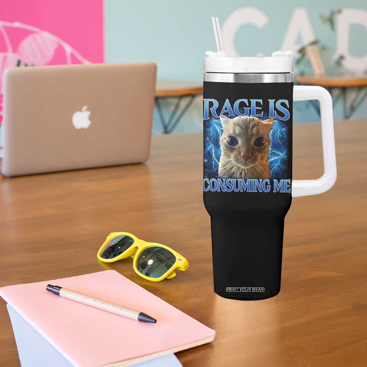 Rage Is Consuming Me Cat Meme Tumbler With Handle Funny Weird Humor Cat Face Bootleg TS10 Print Your Wear