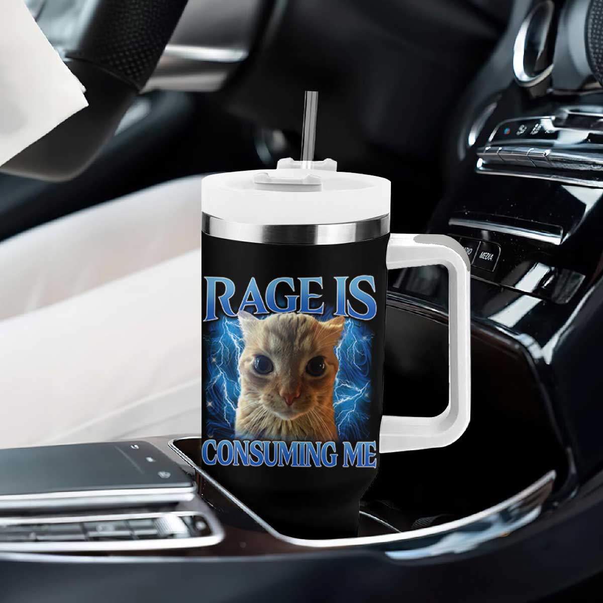 Rage Is Consuming Me Cat Meme Tumbler With Handle Funny Weird Humor Cat Face Bootleg TS10 Print Your Wear