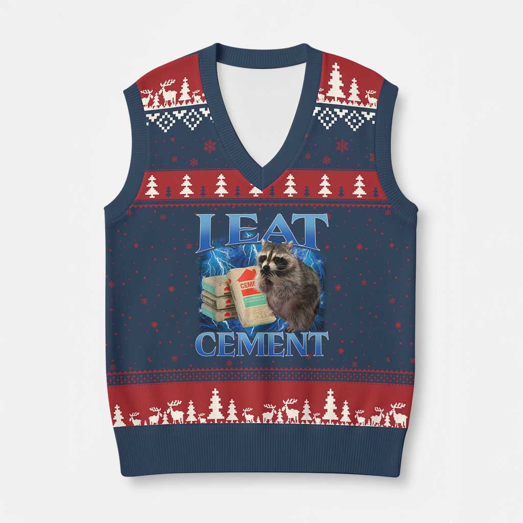 I Eat Cement V-Neck Knit Sweater Vest Cursed Raccoon Funny Oddly Dank Meme Gen Z TS10 Navy Red Print Your Wear