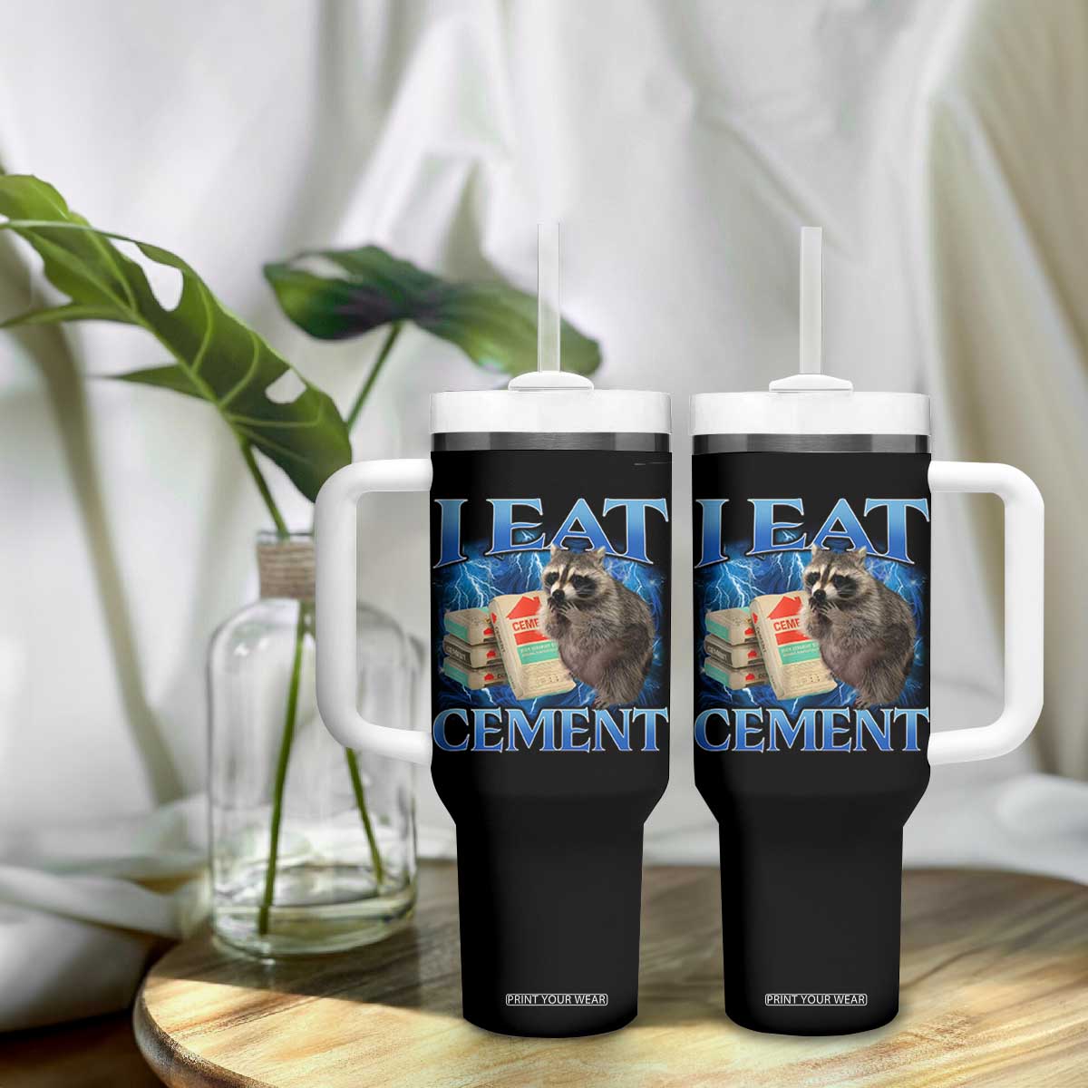 I Eat Cement Tumbler With Handle Cursed Raccoon Funny Oddly Dank Meme Gen Z TS10 Print Your Wear
