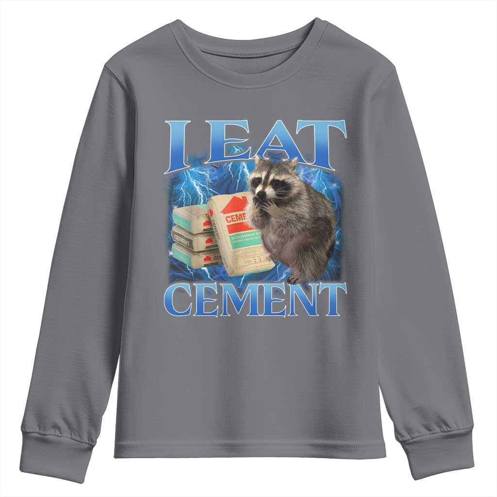 I Eat Cement Youth Sweatshirt Cursed Raccoon Funny Oddly Dank Meme Gen Z TS10 Charcoal Print Your Wear