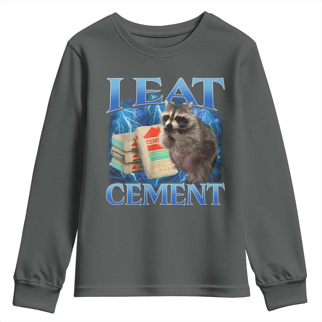 I Eat Cement Youth Sweatshirt Cursed Raccoon Funny Oddly Dank Meme Gen Z TS10 Dark Heather Print Your Wear